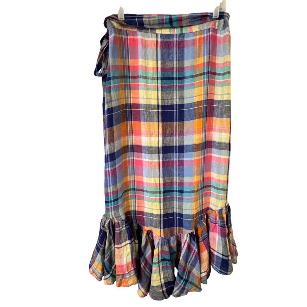 Polo Ralph Lauren Madras Linen Wrap Skirt Multicolor Plaid Ruffle High Low 14 - Picture 3 of 10